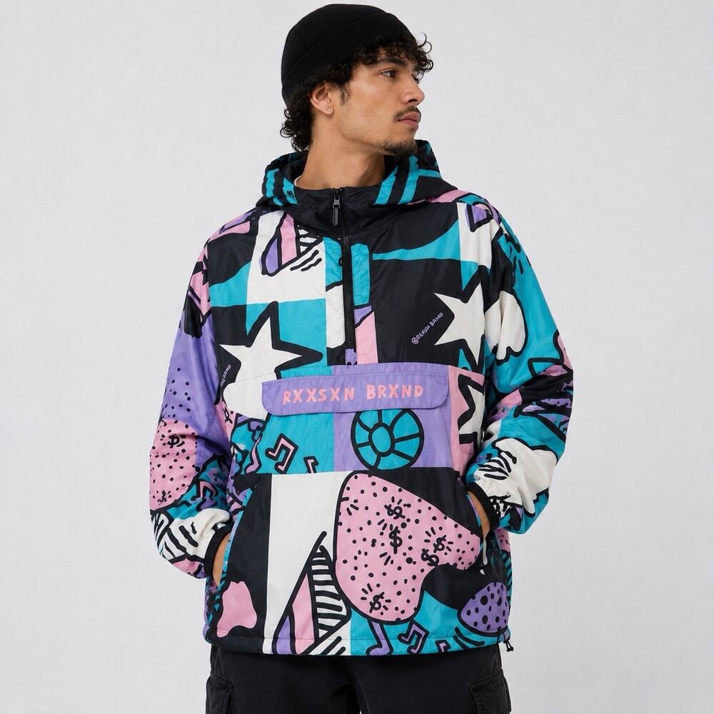 Reason Windbreaker Jacket Mens M Retro 90s Colorblock Festival Streetwear Hooded